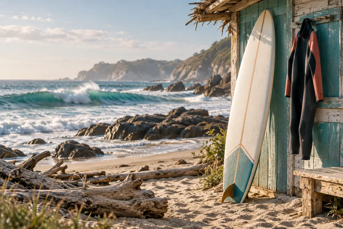 Photo d’ambiance : planches de surf pour débutants, en mousse, gonflables, shortboards et longboards, leashs et housses